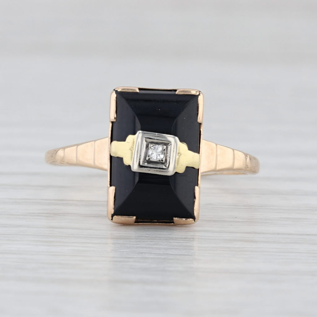 Vintage Onyx Diamond Ring 10k Yellow Rose Gold Size 9.25 Signet