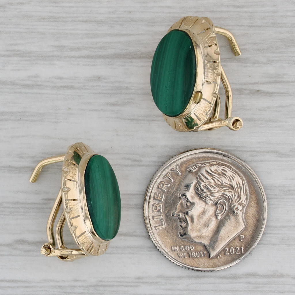 Gray Green Malachite Oval Cabochon Stud Earrings 14k Yellow Gold Omega Backs