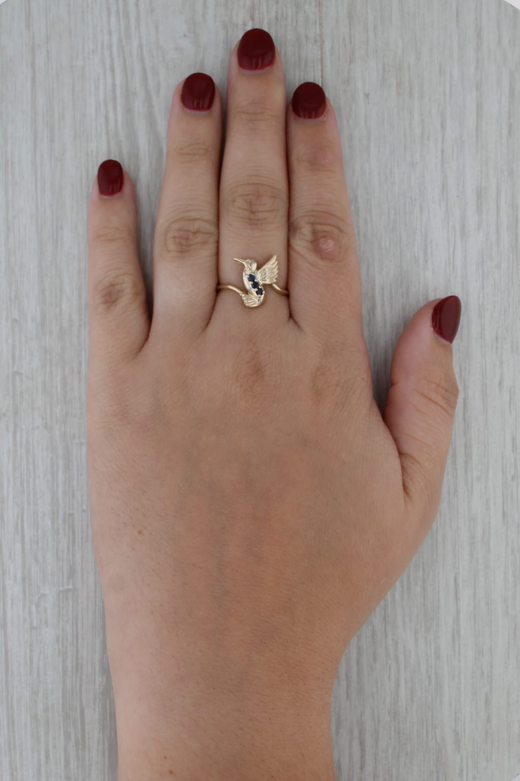 0.15ctw Blue Sapphire Hummingbird Ring 10k Yellow Gold Size 8 Bypass