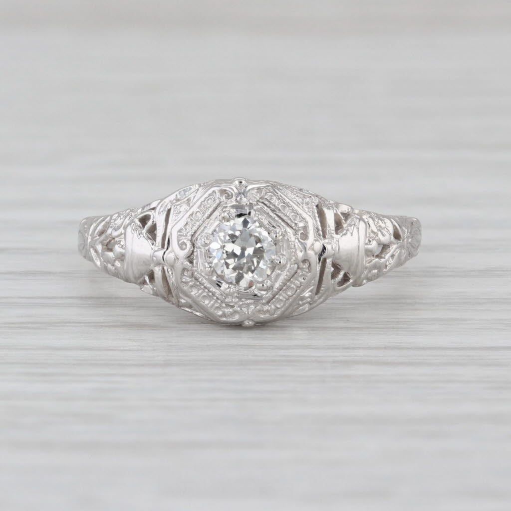 Art Deco 0.29ct Old European Diamond Solitaire Engagement Ring 18k White Gold