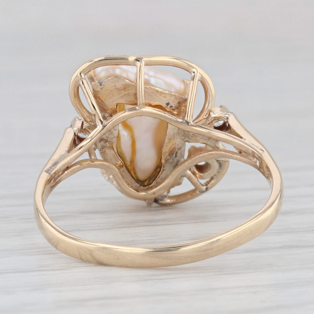 Light Gray Baroque Pearl Diamond Ring 14k Yellow Gold Size 11