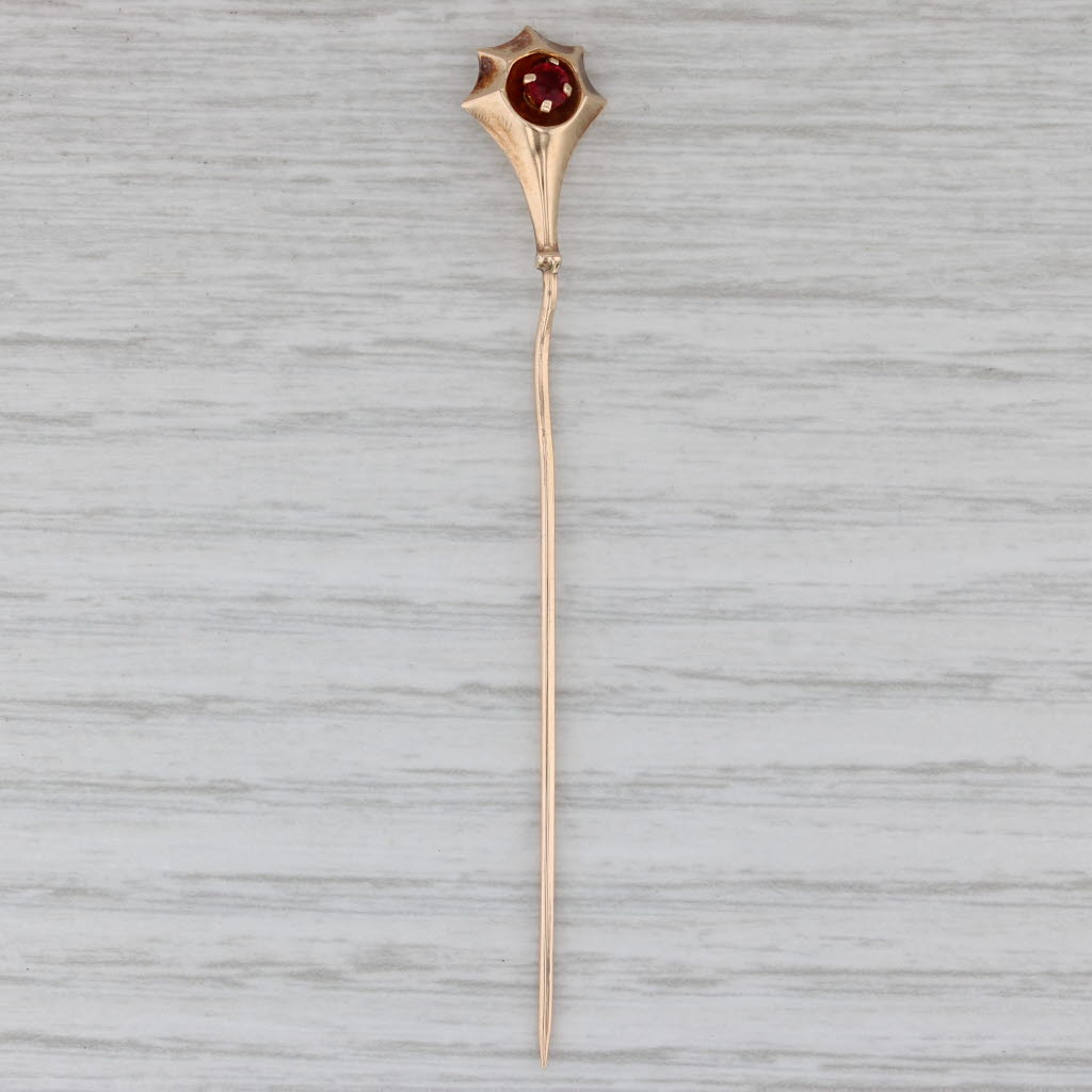 Gray Antique Red Glass Stickpin 14k Yellow Gold Pin