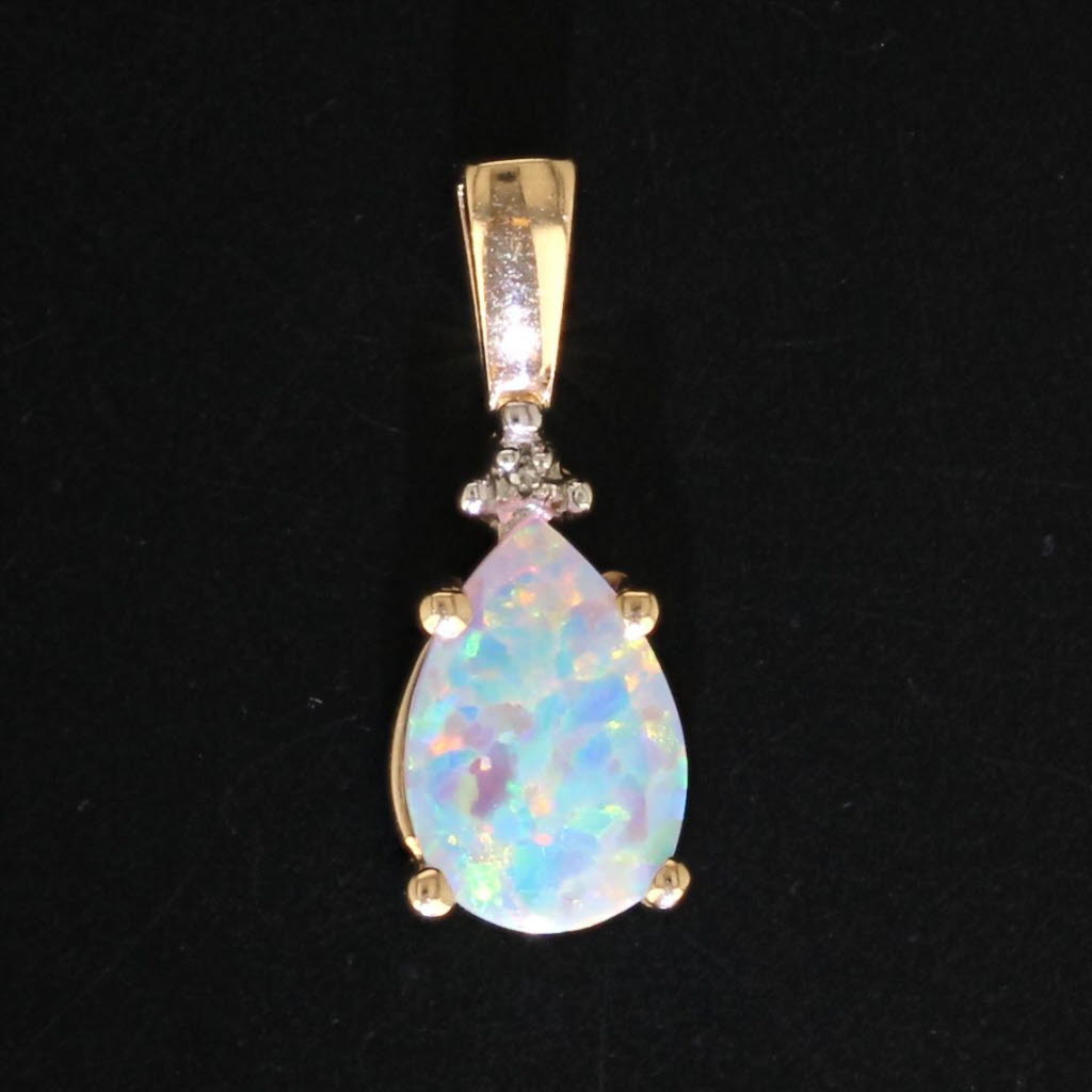 Black Lab Created Opal Teardrop Pendant 10k Yellow Gold Diamond Accent