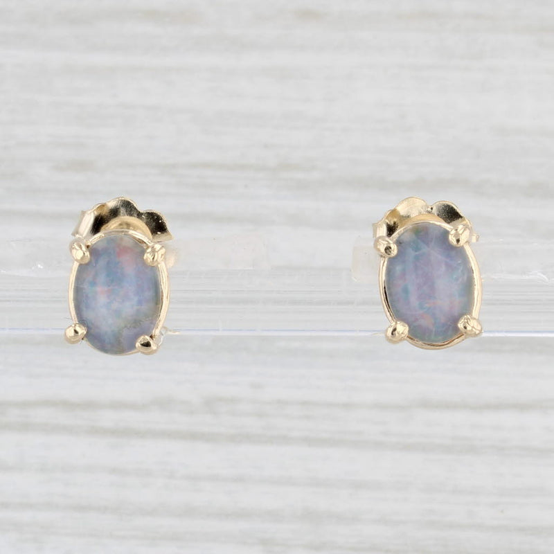 Light Gray Opal Solitaire Stud Earrings 14k Yellow Gold Oval Cabochon