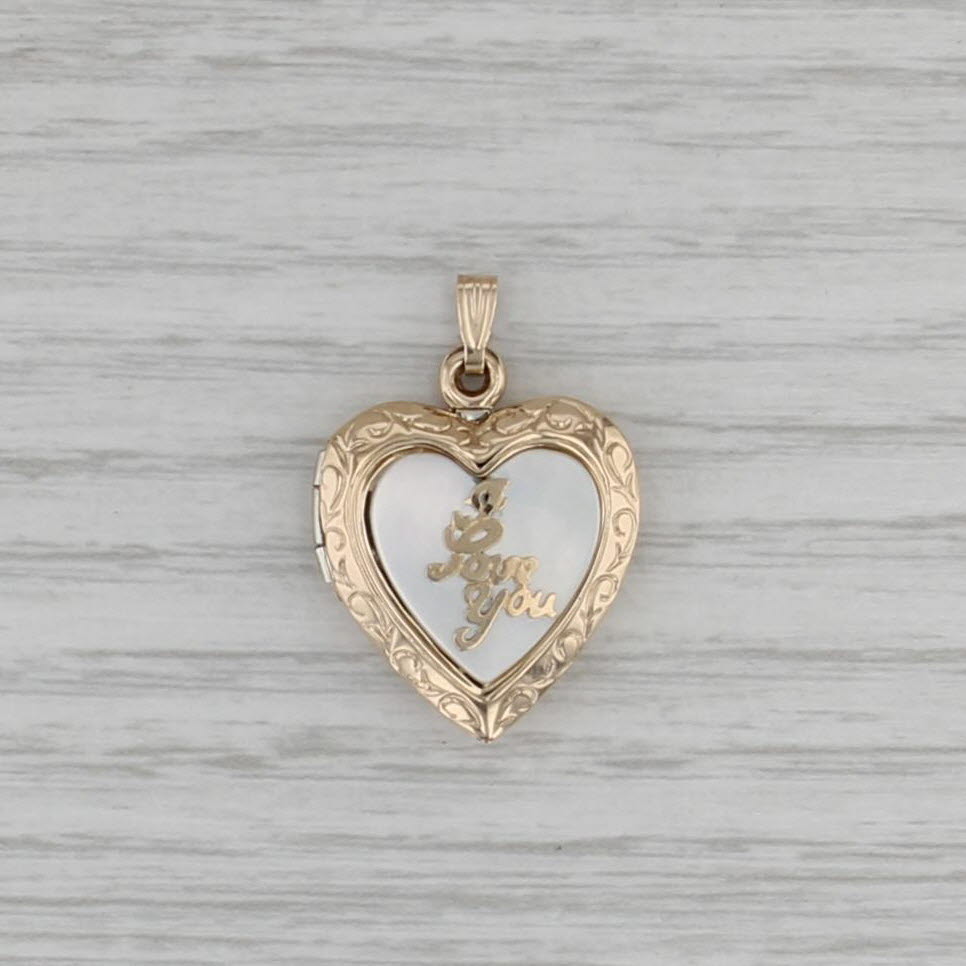 Mother of Pearl "I Love You" Heart Picture Locket Pendant 14k Yellow Gold Opens