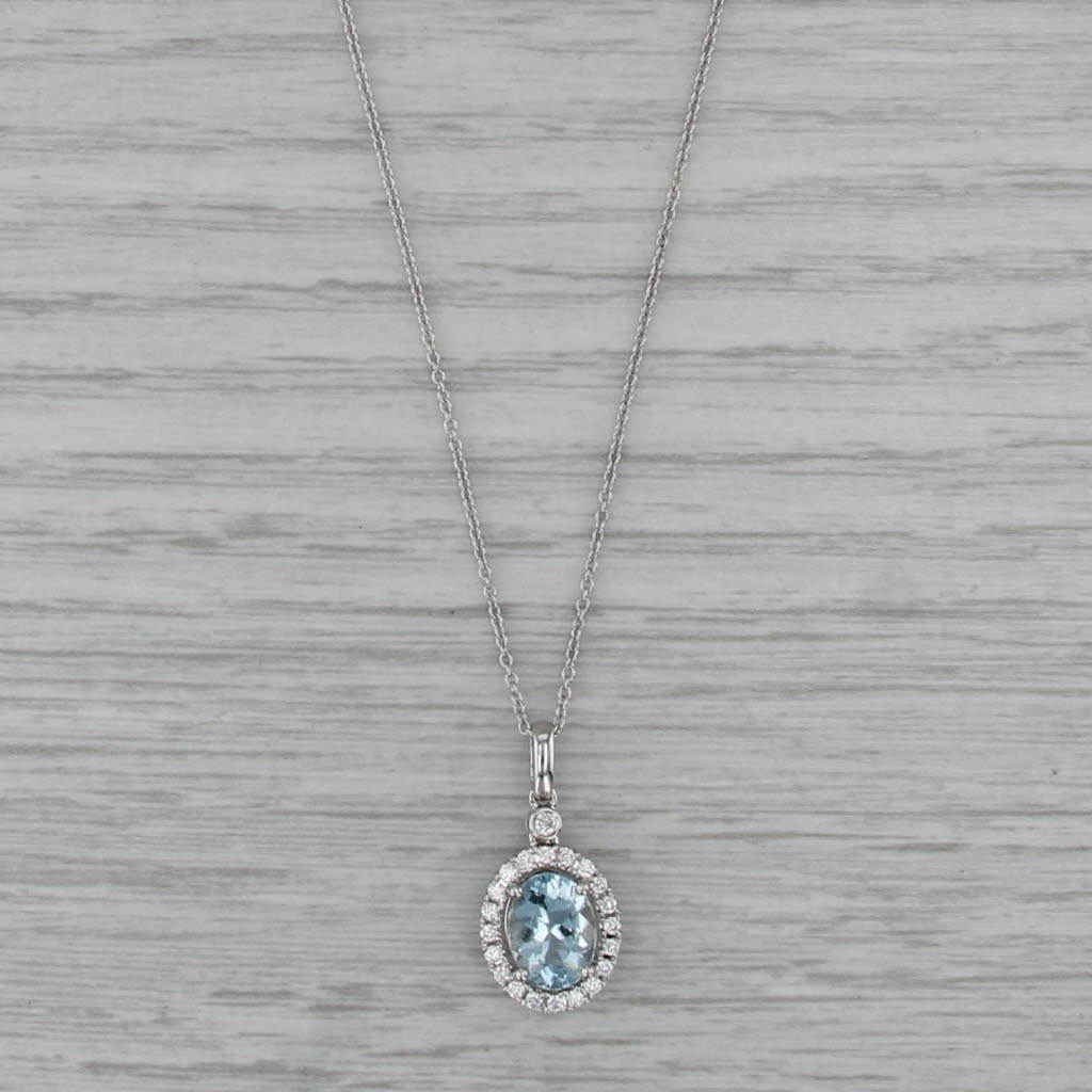 New 1.45ctw Aquamarine Diamond Halo Pendant Necklace 14k White Gold 18"