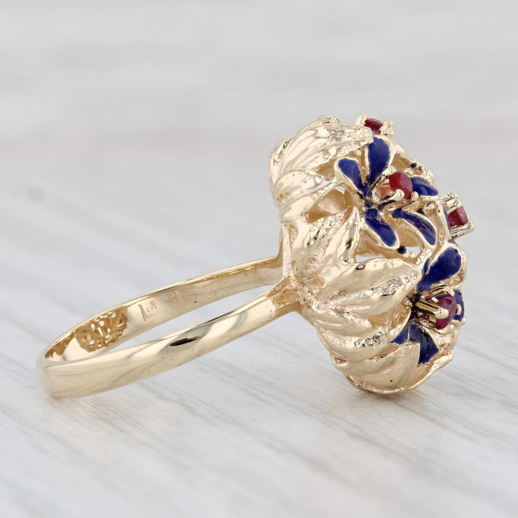 Light Gray 0.24ctw Ruby Blue Flower Cluster Ring 14k Yellow Gold Enamel Size 6.5