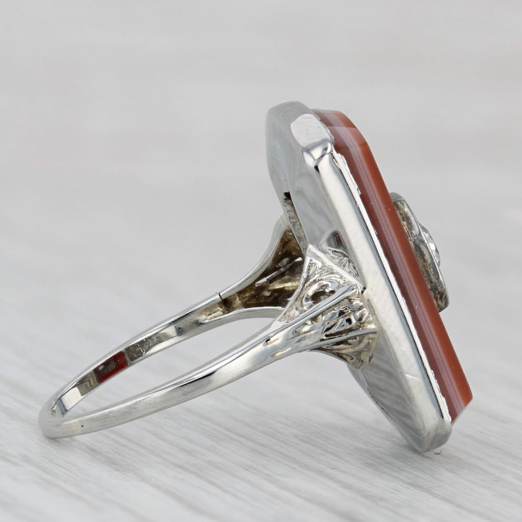 Gray Vintage Sardonyx Diamond Signet Ring 14k White Gold Size 6