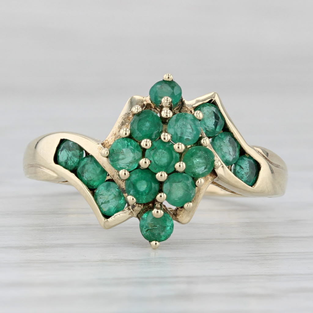 Light Gray 1.15ctw Emerald Cluster Bypass Ring 10k Yellow Gold Size 8