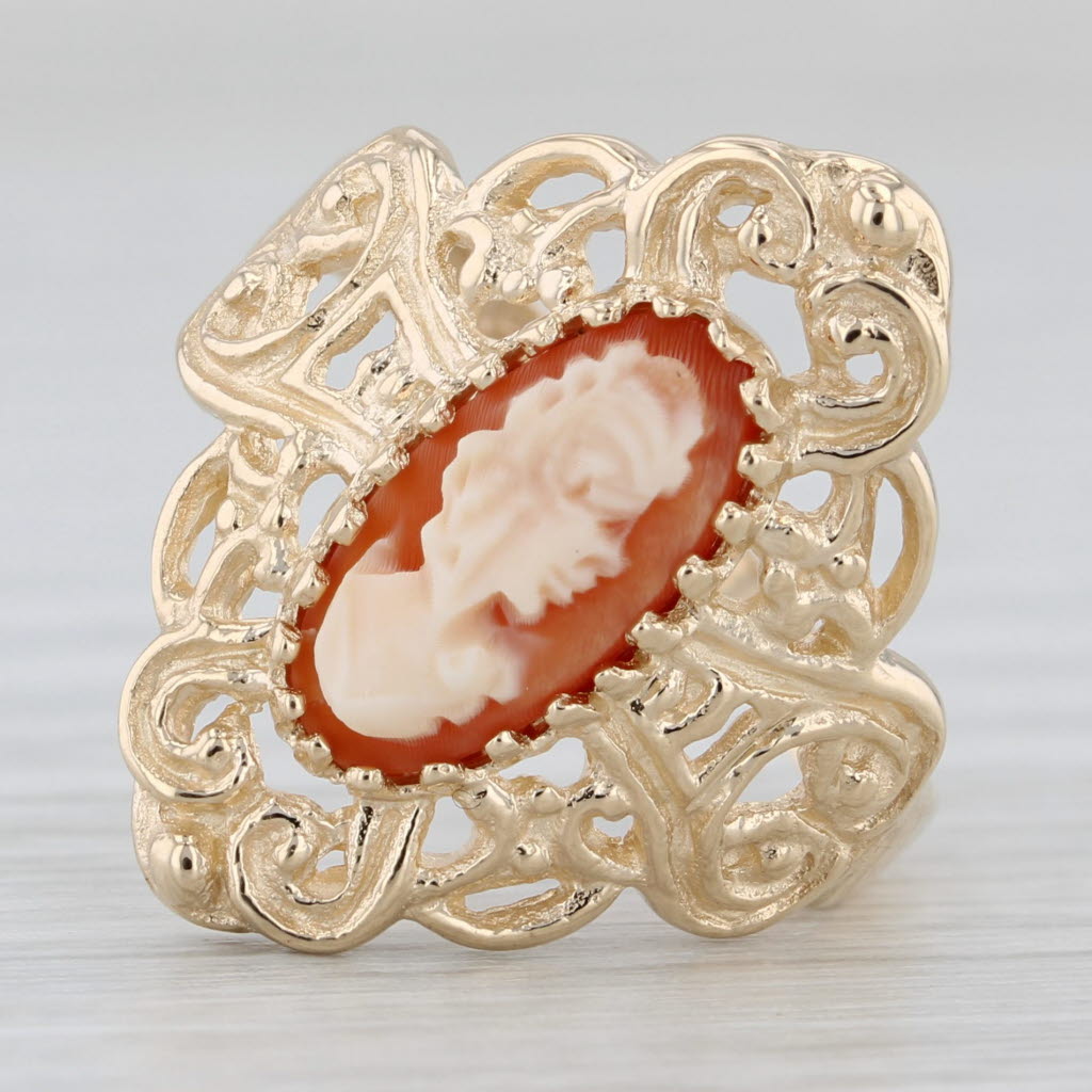 Gray Vintage Ornate Carved Shell Cameo Ring 10k Yellow Gold Size 6.5