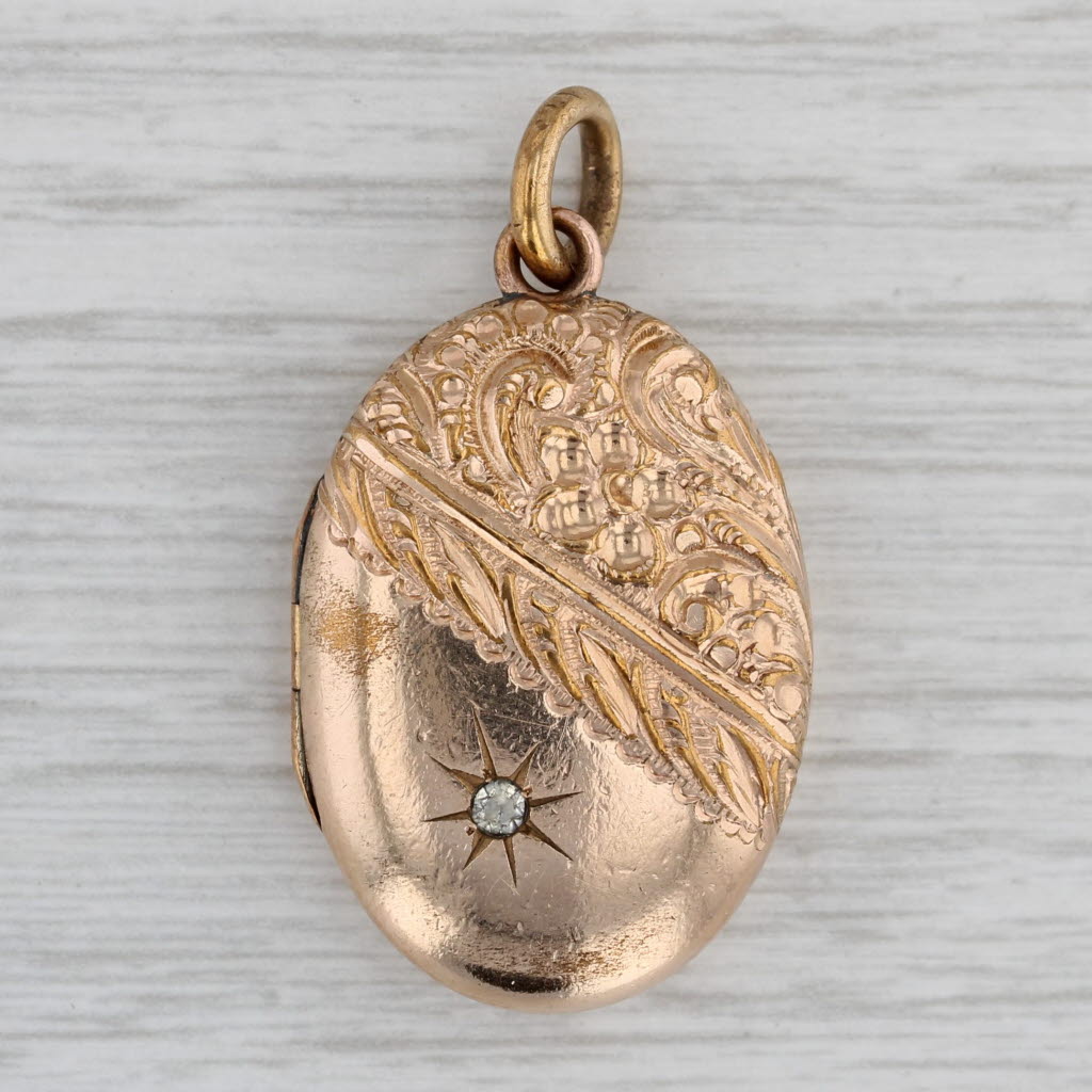 Gray Vintage Ornate Picture Locket Pendant Glass Gold Filled Engravable