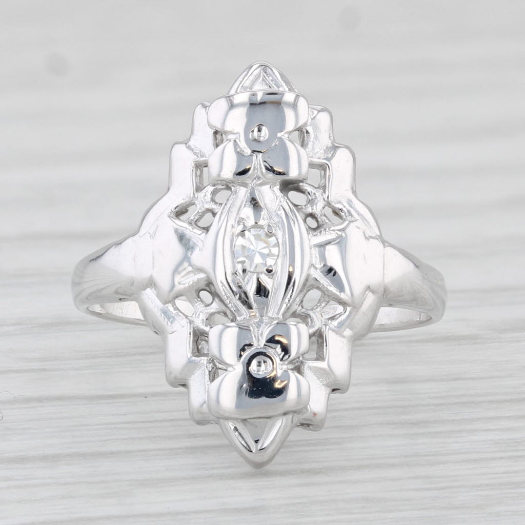 Light Gray Vintage VS2 Diamond Ring 14k White Gold Size 4 Floral Accents