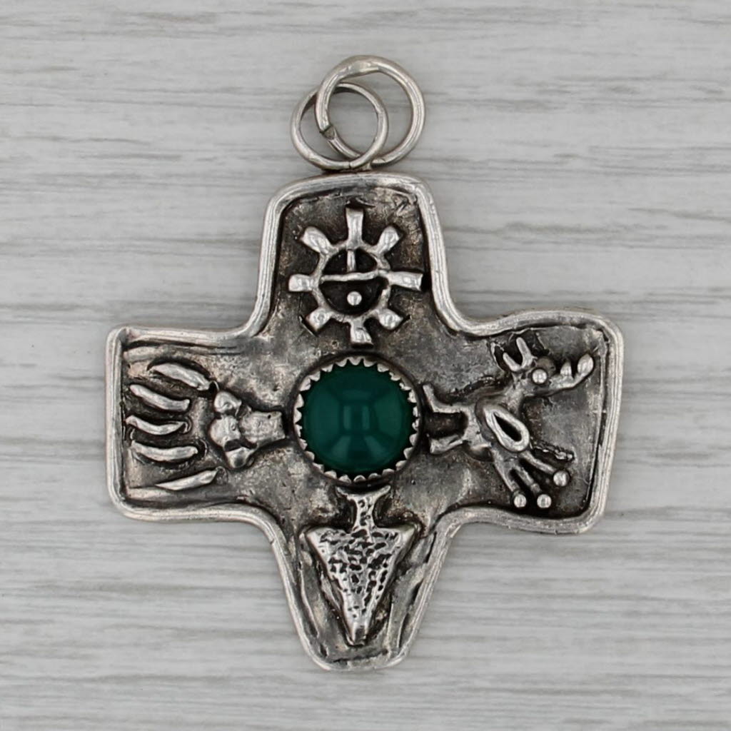 Green Chalcedony Tribal Cross Pendant Sterling Silver Medallion Statement