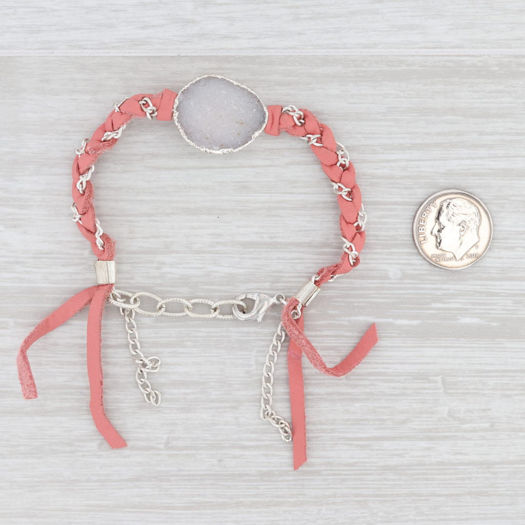 New Nina Wynn Cordelia Bracelet Woven Pink Leather White Druzy Quartz