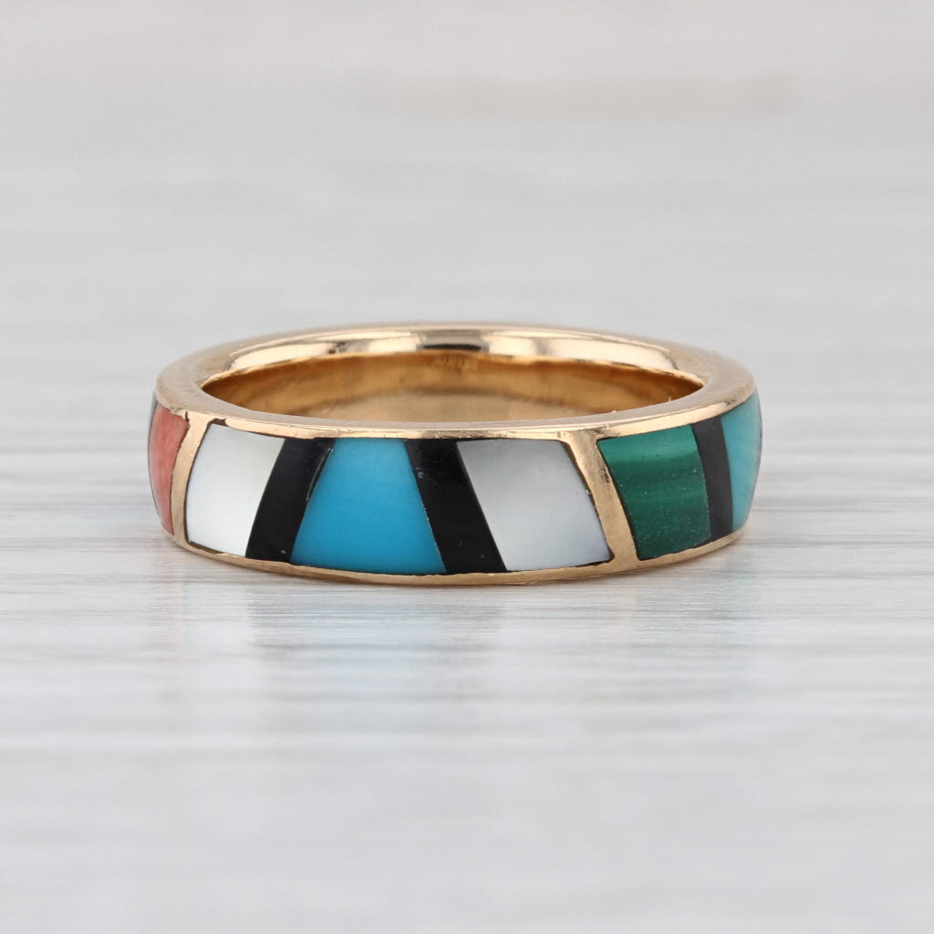 Vintage Native American Stone Mosaic Ring 14k Yellow Gold Size 8 Stackable Band