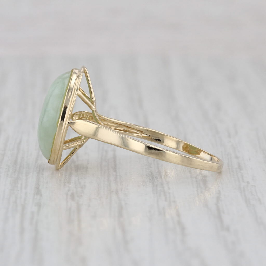 Green Jadeite Jade Oval Cabochon Solitaire Ring 14k Yellow Gold Size 9.75