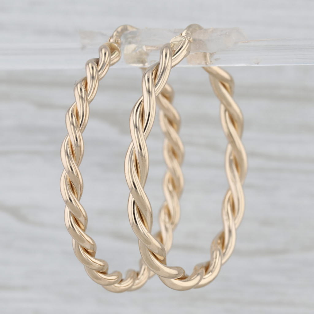 Round Twist Hoop Earrings 14k Yellow Gold Pierced Snap Top Hoops 37 x 3.6mm