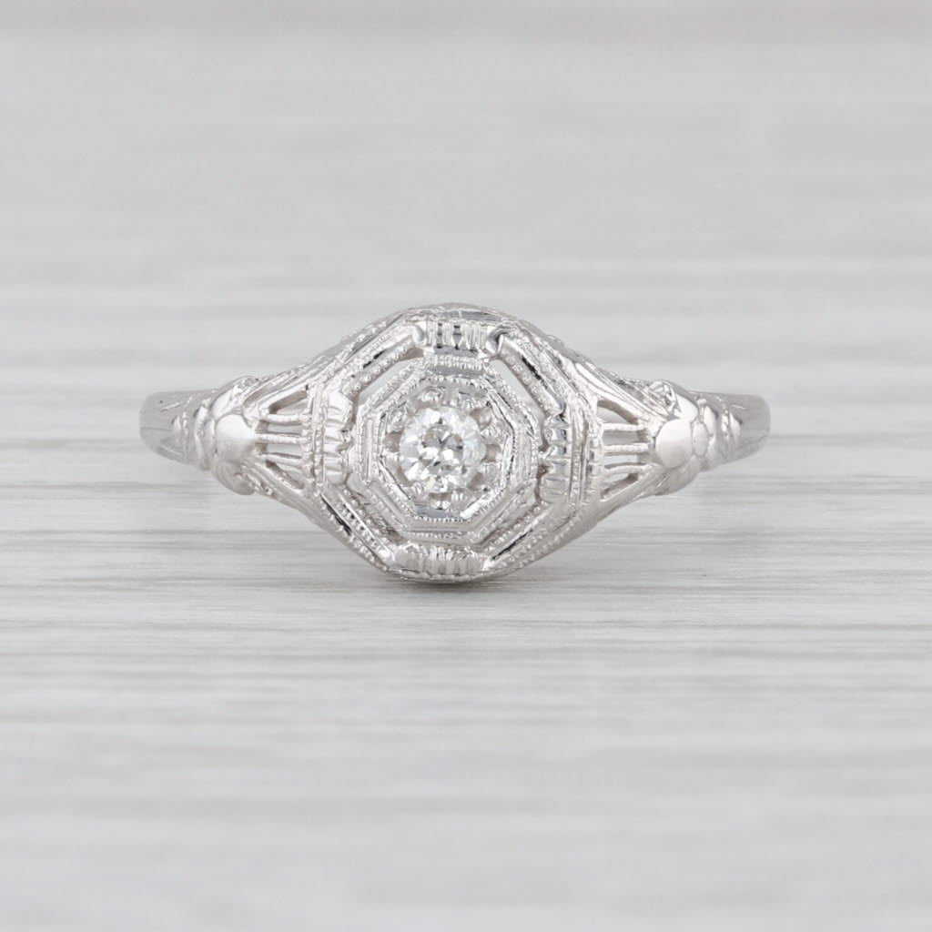 Art Deco Diamond Solitaire Ring 18k White Gold Filigree Size 7.5