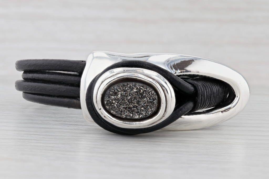 Light Gray Black Druzy Quartz Sterling Silver Black Cord 6.25" Statement