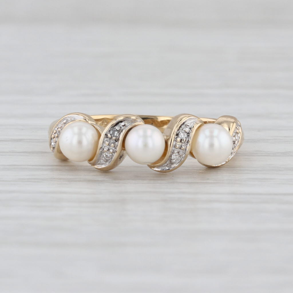 3-Stone Cultured Pearl Diamond Ring 14k Yellow Gold Size 7.5 Stackable