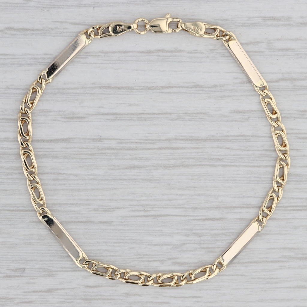 Gray 7" Bracelet 14k Yellow Gold Bar Curb Chain Lobster Clasp 3.2mm