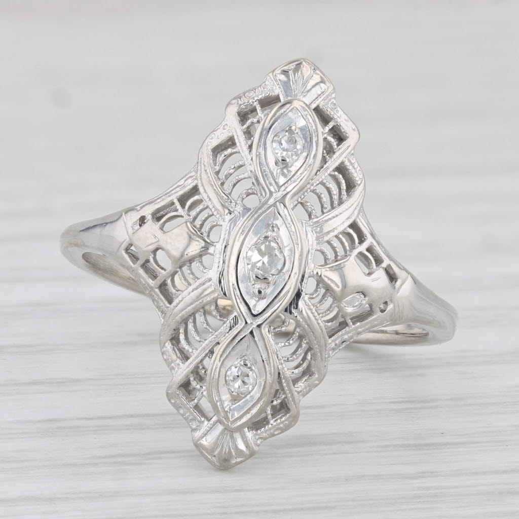 Light Gray Antique Diamond Filigree Ring 14k White Gold Size 9.5