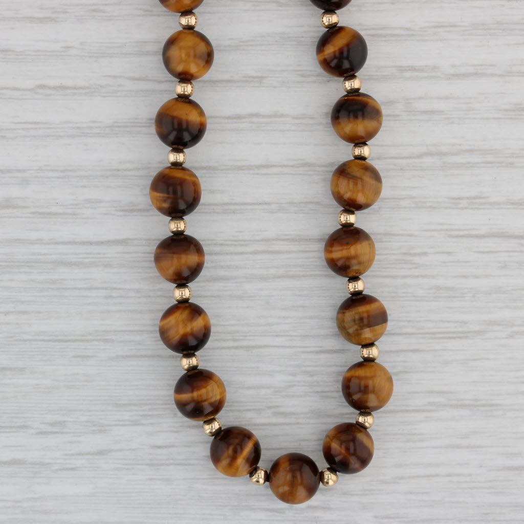 Gray Vintage Tiger's Eye Bead Necklace 10k Yellow Gold Long Strand 32.5" 8mm