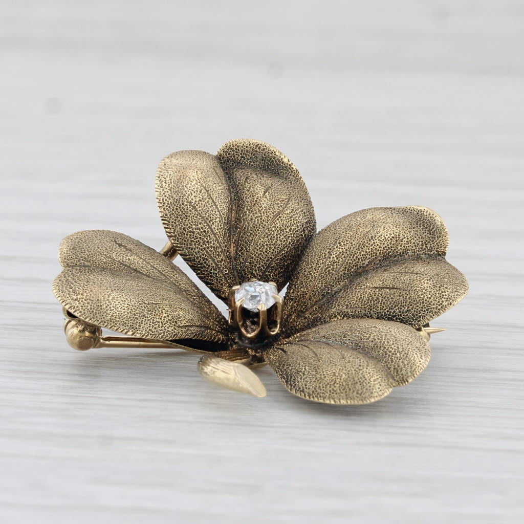 Light Gray Diamond 4 Leaf Clover Brooch 14k Yellow Gold Good Luck Shamrock Pin