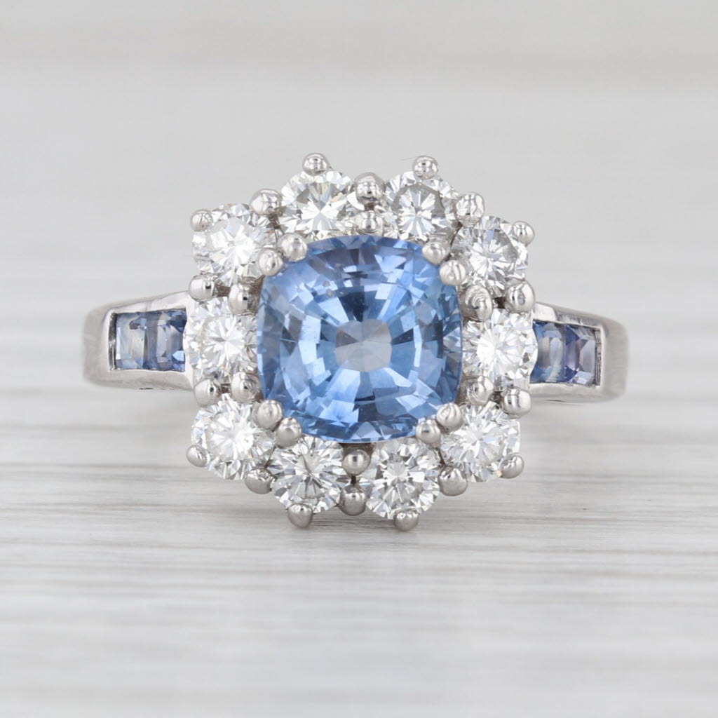 3.88ctw Blue Sapphire Diamond Halo Ring 18k White Gold Size 6 Cocktail