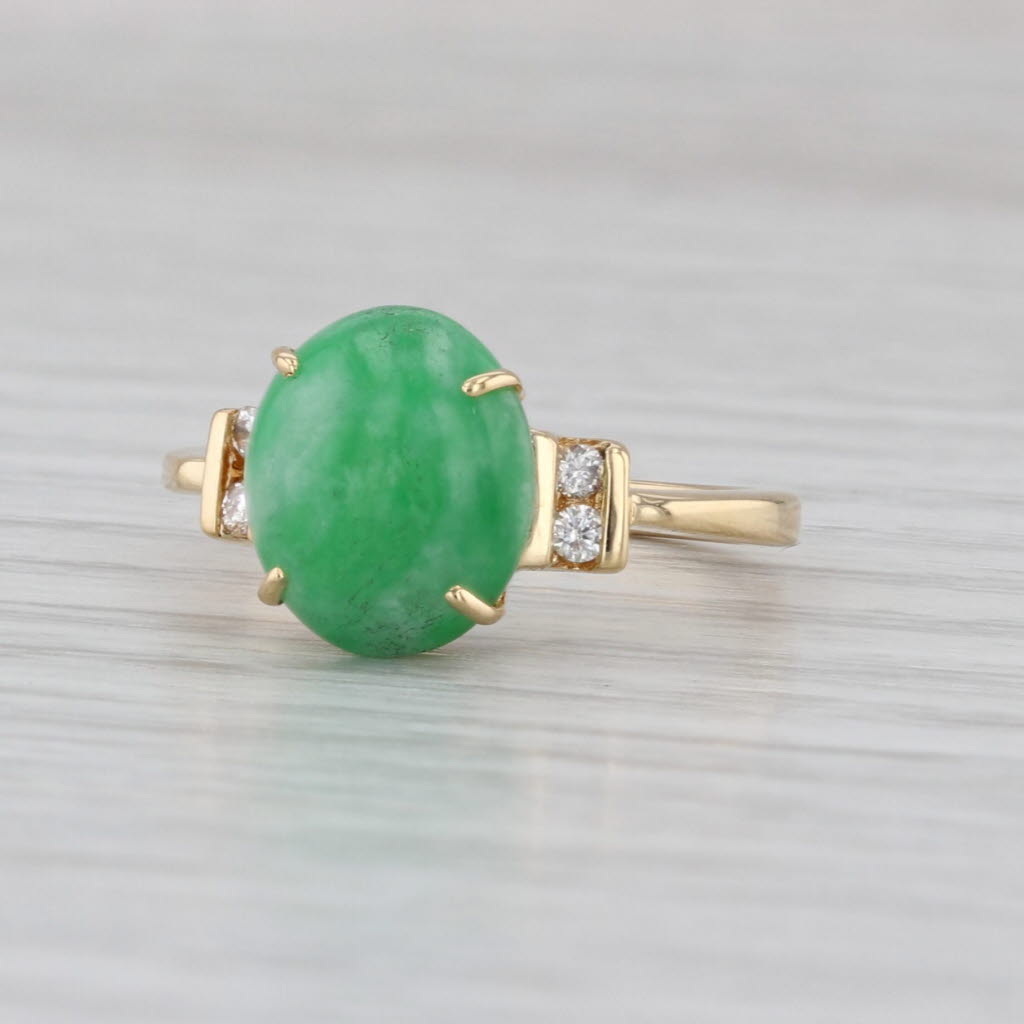 Oval Cabochon Green Jadeite Jade Diamond Ring 18k Yellow Gold Size 5.5