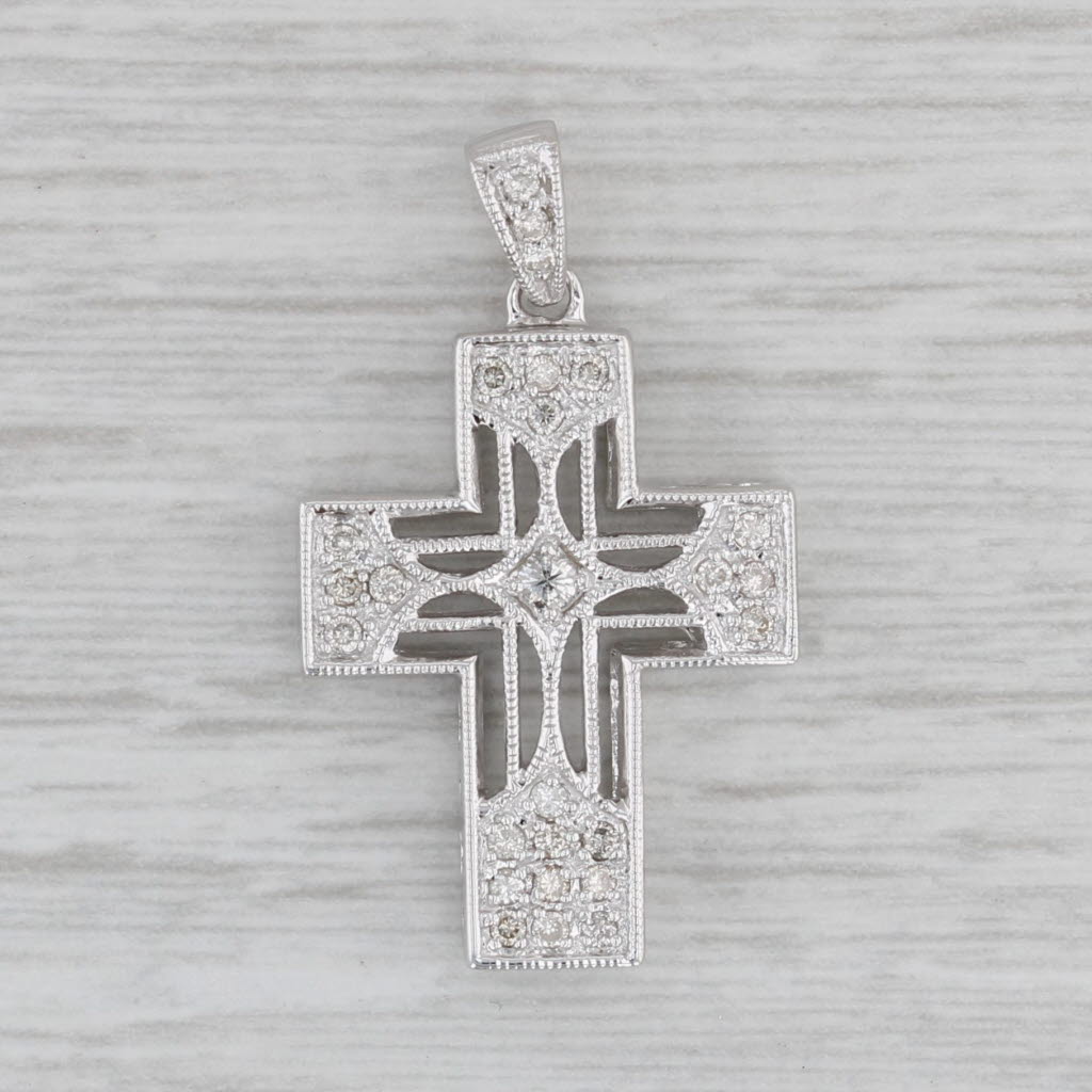 Gray 0.18ctw Diamond Filigree Cross Pendant 14k White Gold