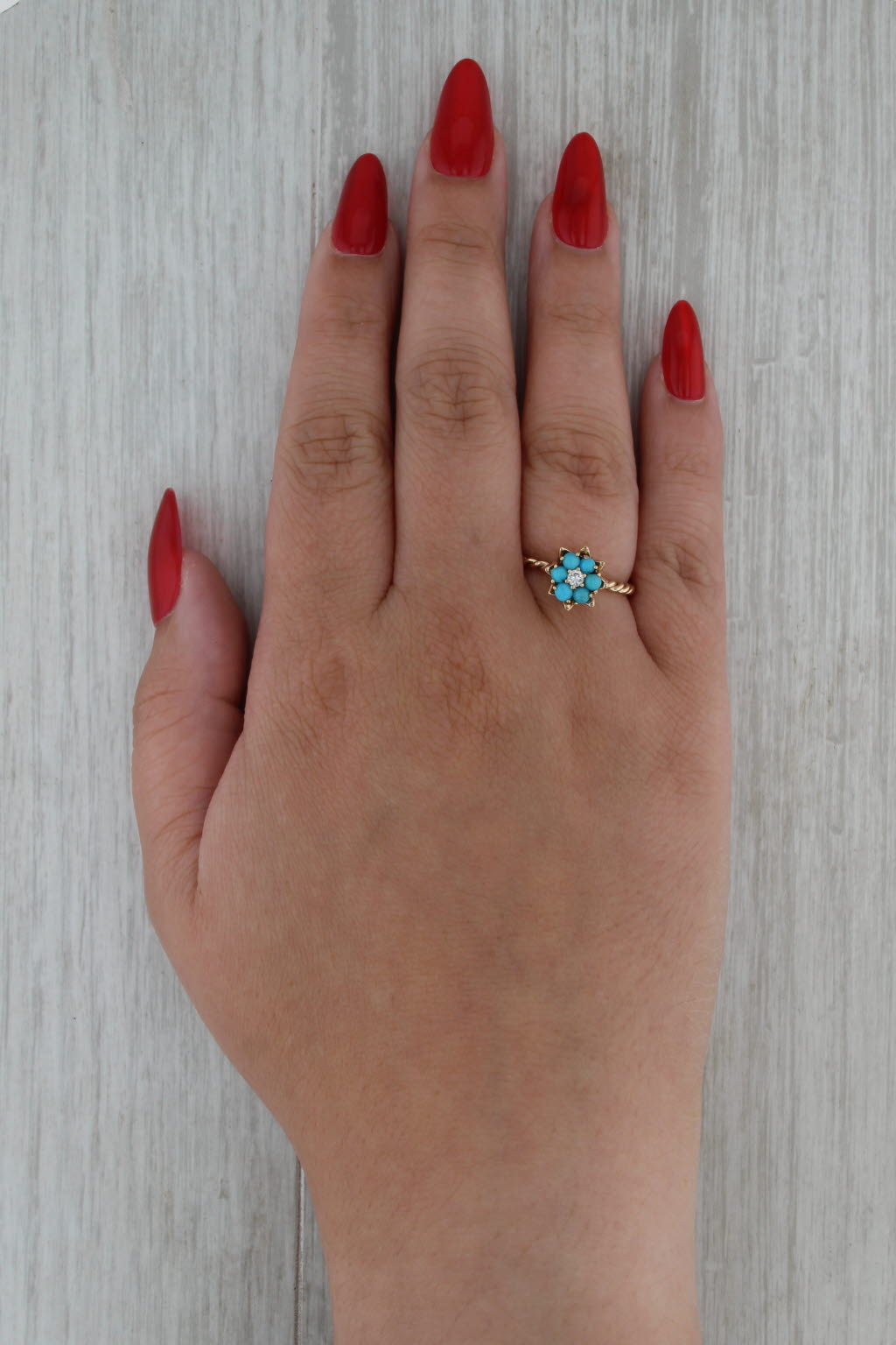Antique Turquoise Diamond Flower Ring 14k Yellow Gold Size 6.5