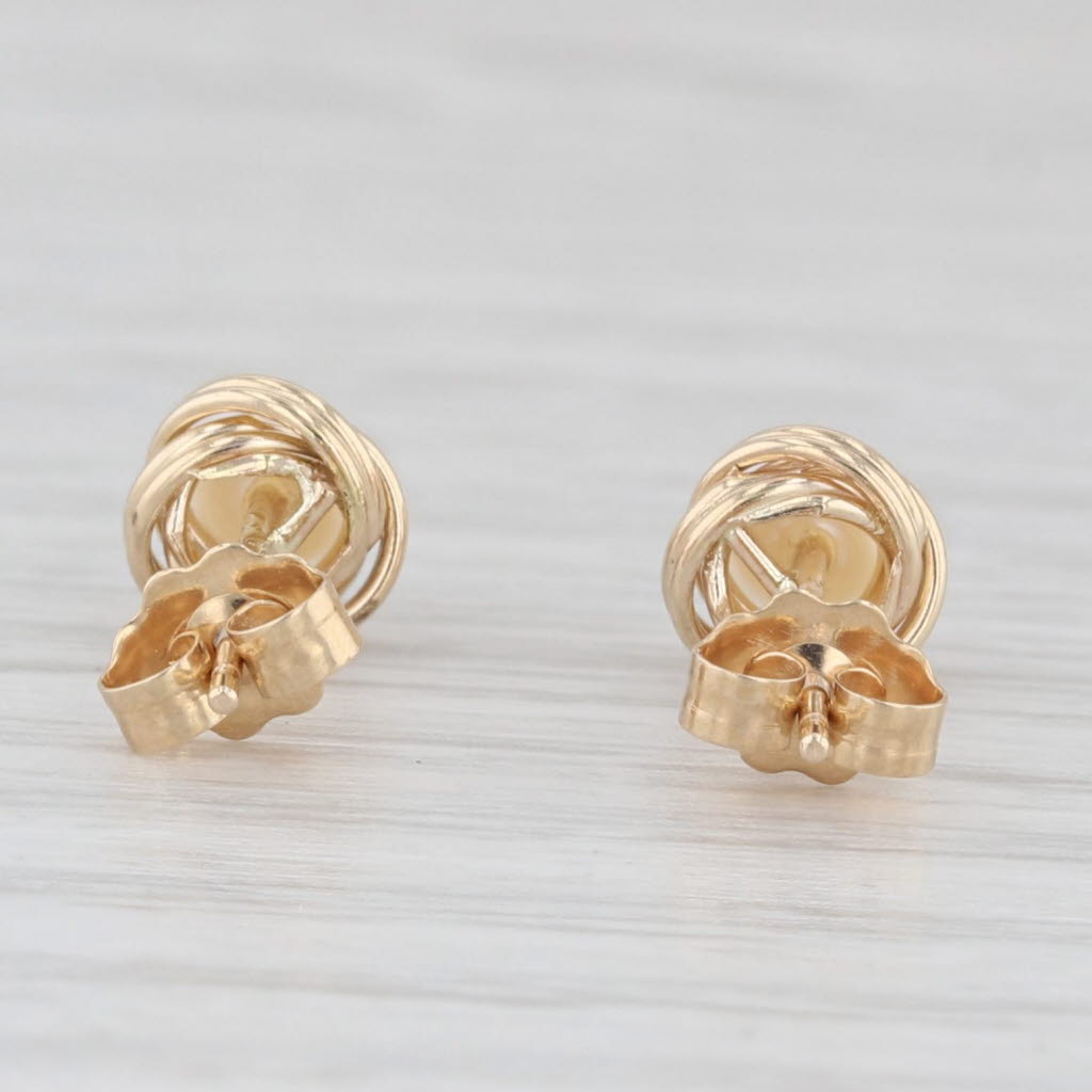 Light Gray Round White Cultured Pearl Knot Stud Earrings 14k Yellow Gold