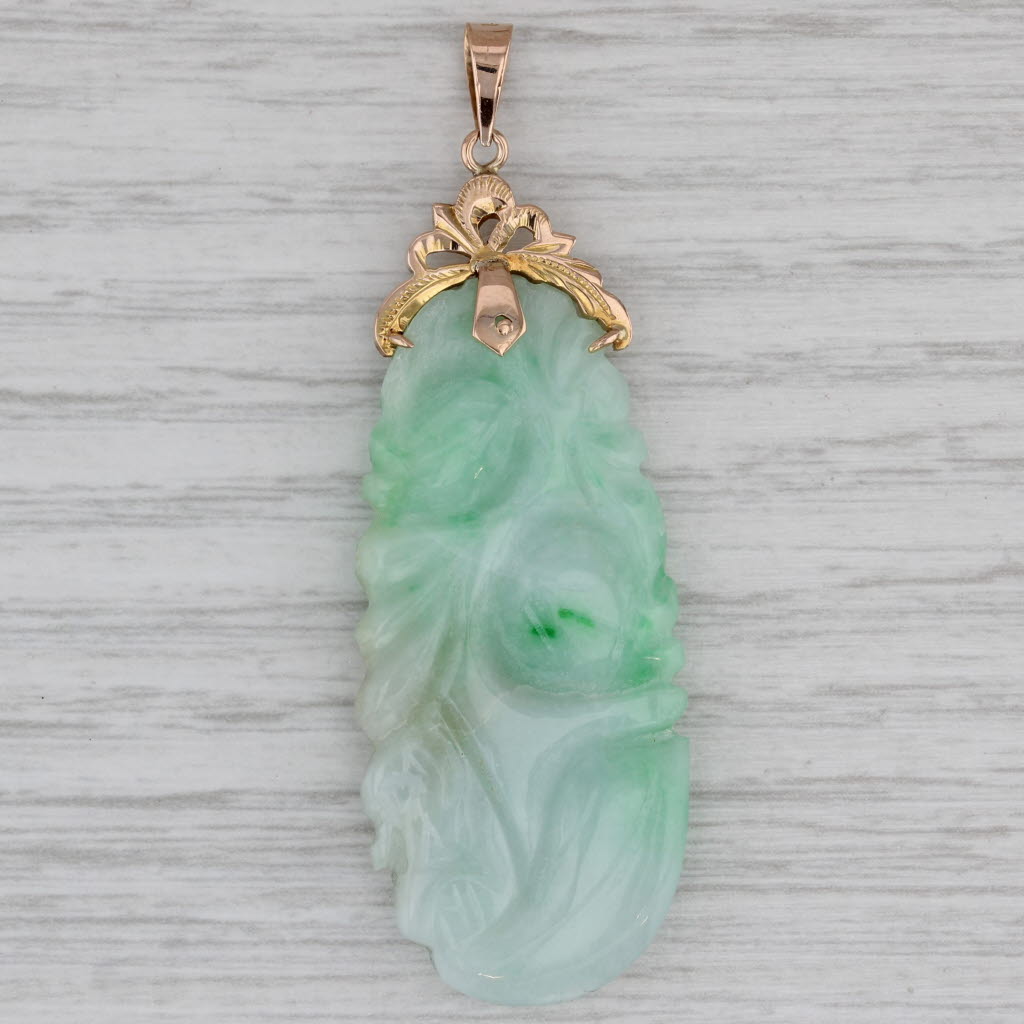 Gray Carved Green Jadeite Jade Pendant 14k Yellow Gold Statement