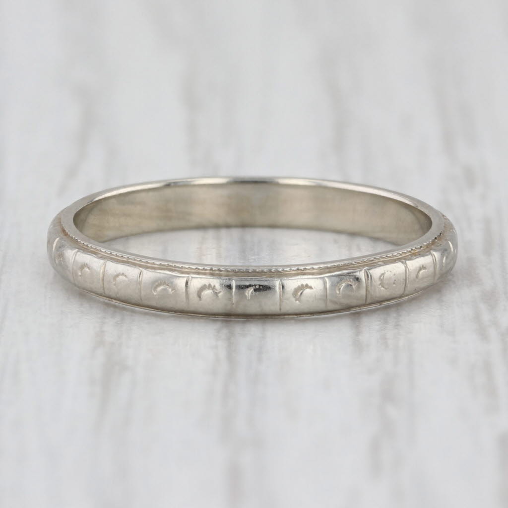 Art Deco Etched Pattern Wedding Band 18k White Gold Size 6.75 Stackable Ring