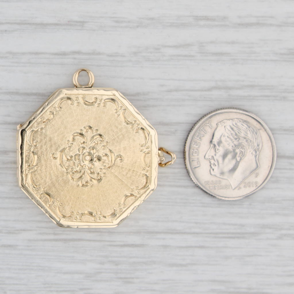 Light Gray Vintage Floral Photo Locket Pendant 14k Yellow Gold Engravable