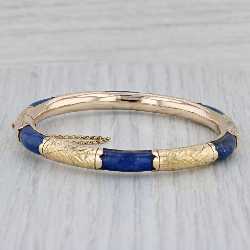 Gray Vintage Lapis Lazuli Bangle Bracelet 14k Yellow Gold 7.5" 6.7mm Ornate