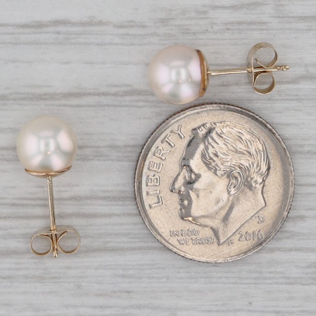 Gray 6.6mm Cultured Pearl Stud Earrings 14k Yellow Gold Round Solitaire Studs