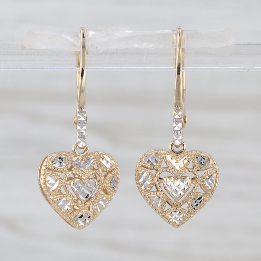 Heart Drop Earrings 14k Yellow White Gold Dangles Lever Backs
