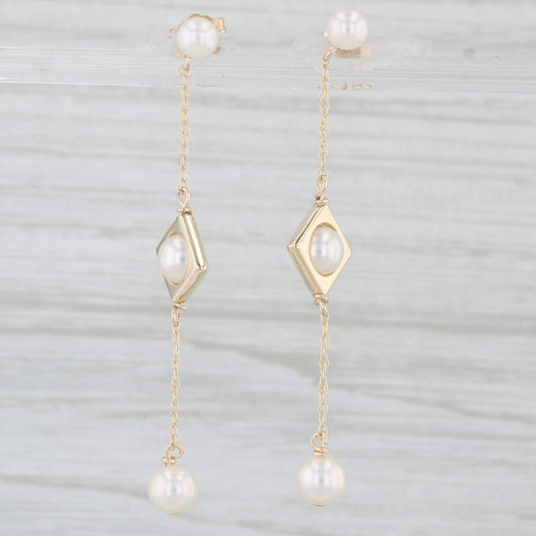 Cultured Pearl Drop Earrings 14k Yellow Gold Drops 3-Stone Drop