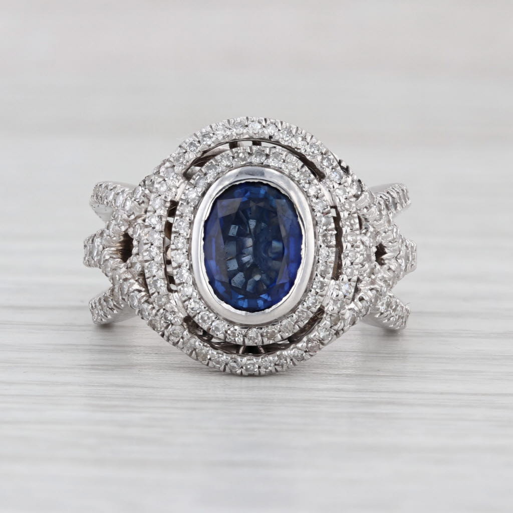 3.15ctw Oval Blue Sapphire Diamond Halo Ring 14k White Gold Size 7.5 Cocktail