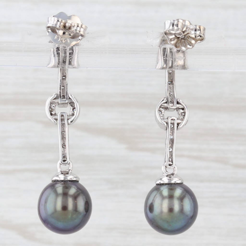 Light Gray Diamond Black Pearl 14k White Gold Dangle Earrings