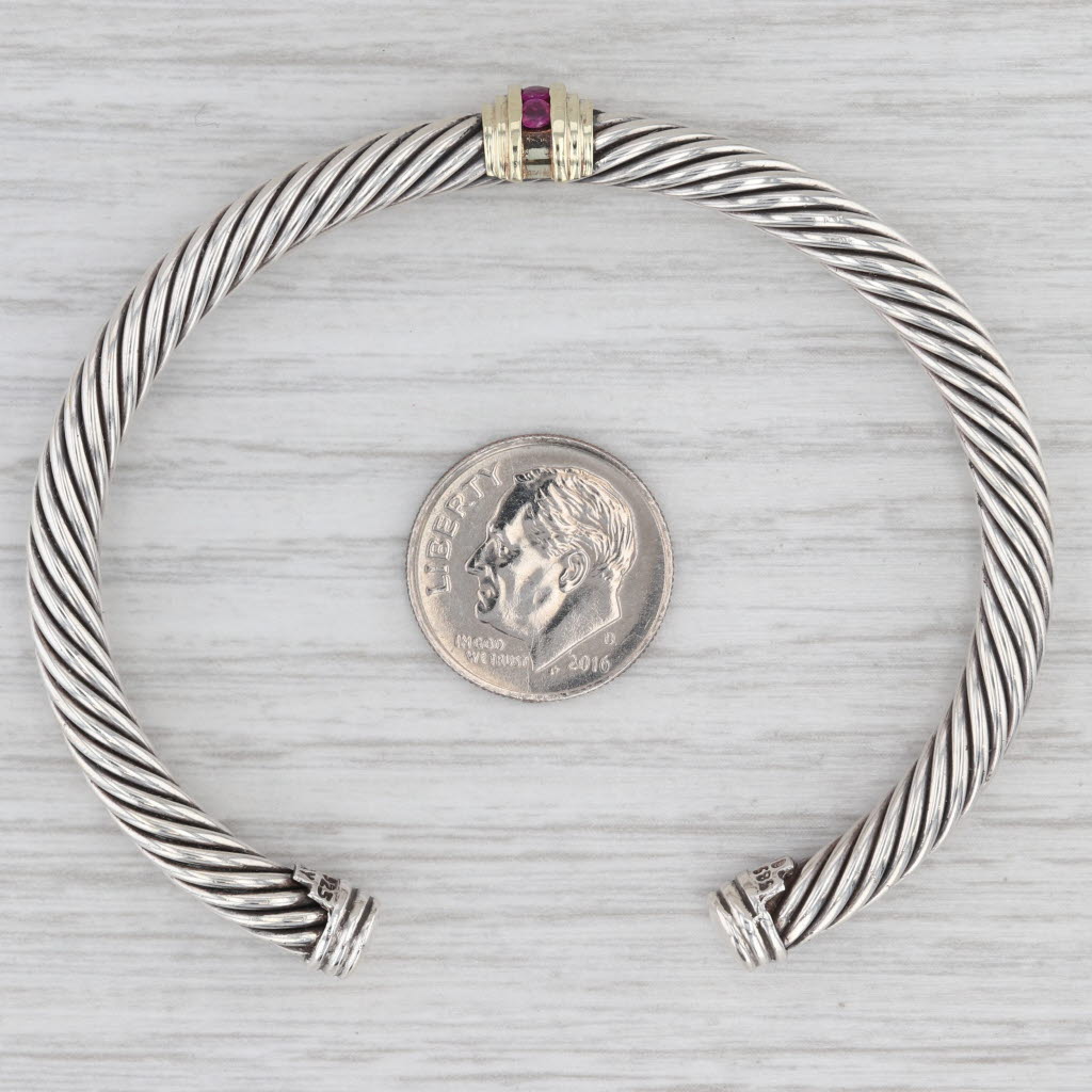 Light Gray David Yurman 0.16ctw Ruby 5mm Cable Cuff Bracelet Sterling Silver 14k Gold 6.5"