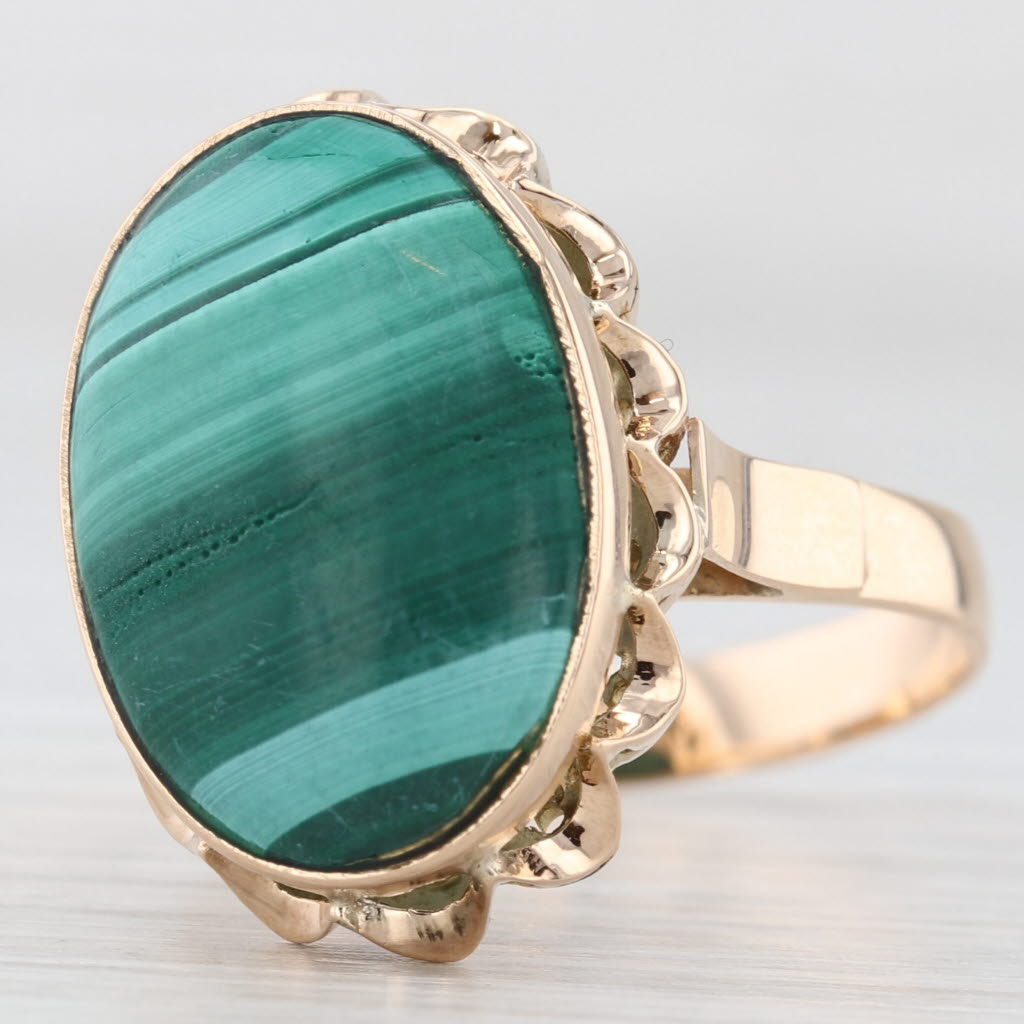 Sea Green Vintage Malachite Marbled Green Oval Cabochon Ring 12k Yellow Gold Size 7.5