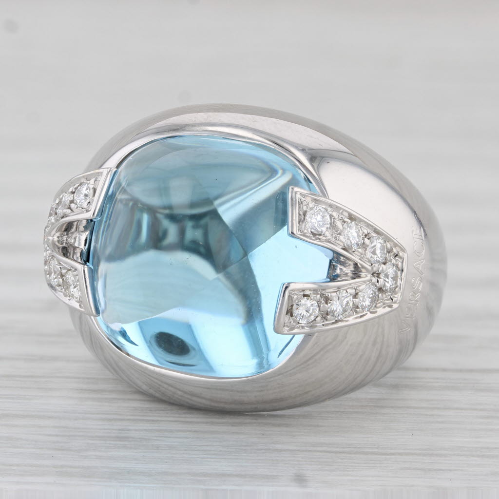 Gray Versace Blue Topaz Sugar Loaf Diamond Ring 18k White Gold Cocktail Size 6.5