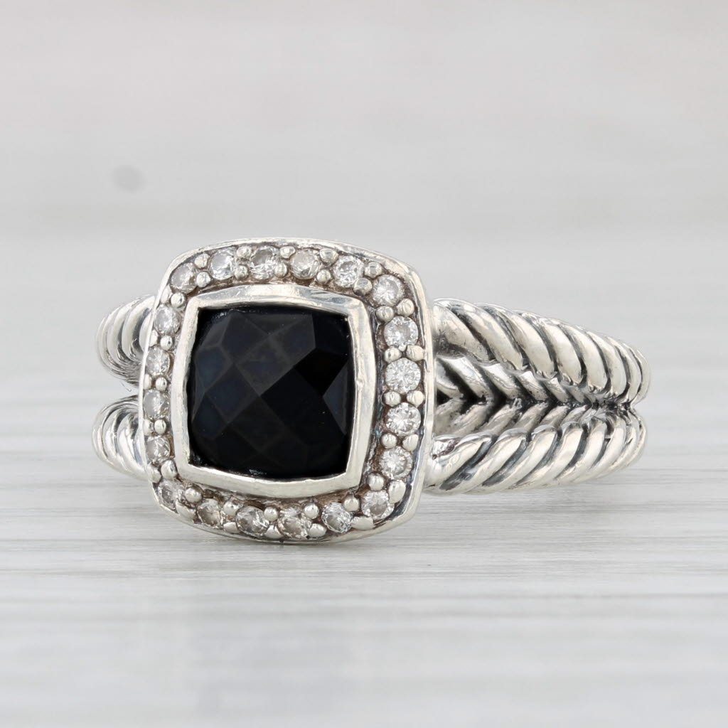 Light Gray David Yurman Petite Albion Collection Onyx Diamond Halo Ring Sterling Silver