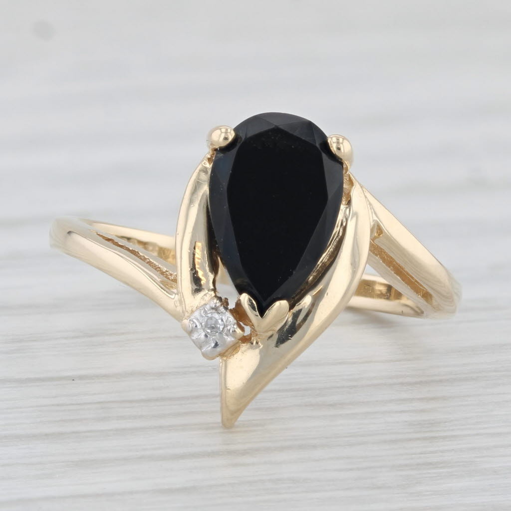 Light Gray Onyx Teardrop Diamond Ring 14k Yellow Gold Size 6 Bypass