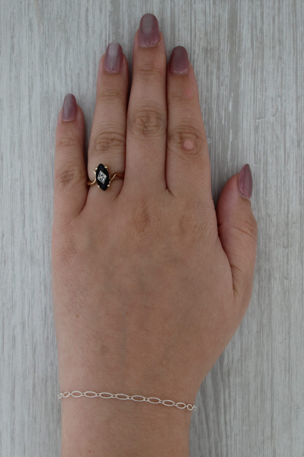 Navette Black Onyx Diamond Signet Ring 10k Yellow Gold Size 6.25