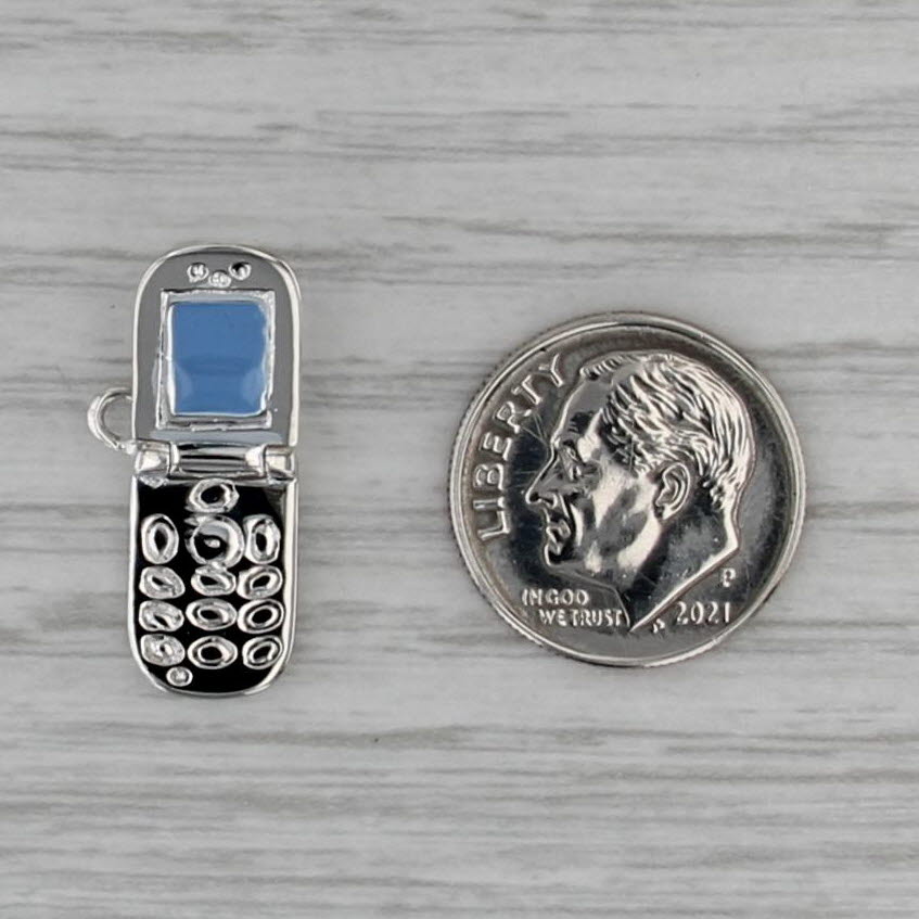 Vintage Retro Cellphone Charm Sterling Silver Enamel Flip Phone Pendant