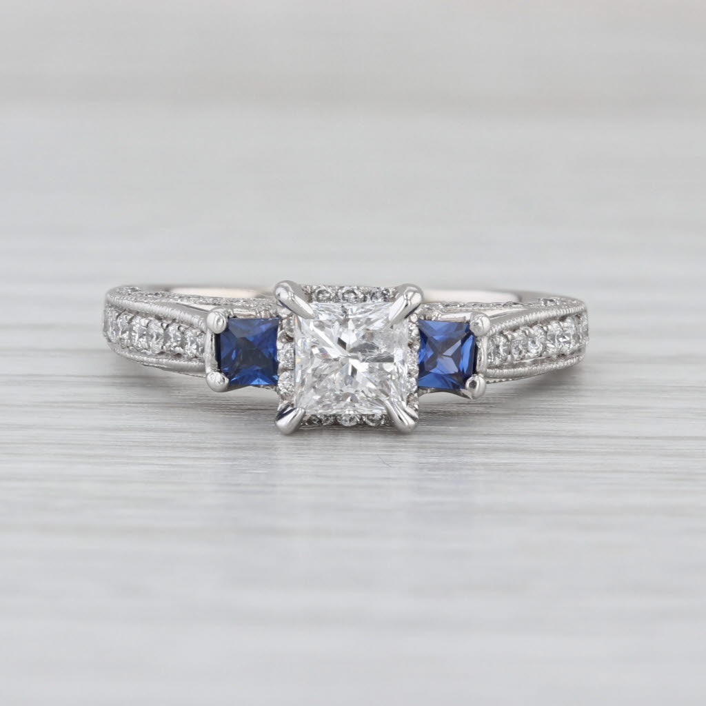 1.33ctw Princess Diamond Blue Sapphire Engagement Ring 14k White Gold Size 7.5
